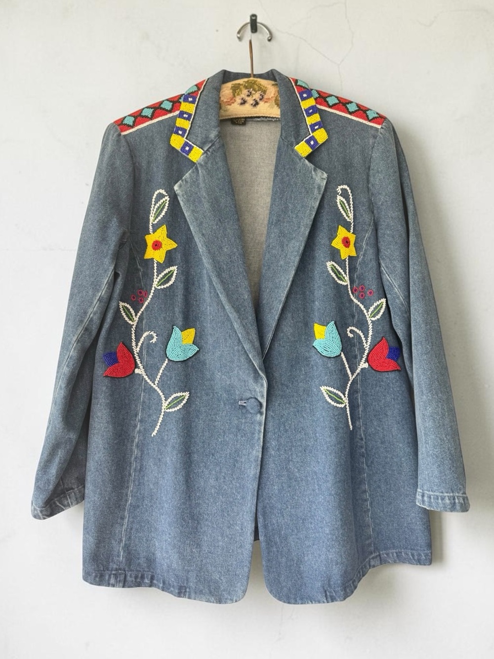 Vtg 90s Ivana Floral Beaded Denim Jacket 1X Blazer Western Boho Artsy